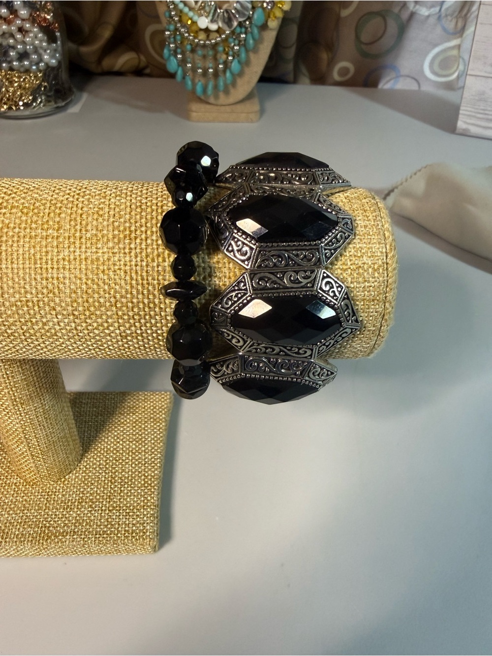 Black Faceted Bead and Ornate Silver-Tone Stretch Curated Bracelet Set B1